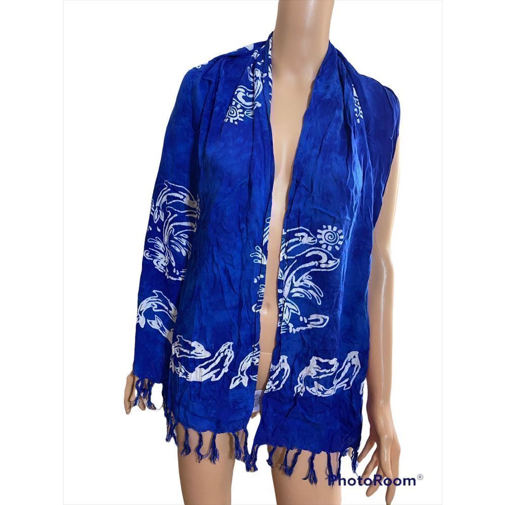 Young Fashion Blue Hawaiian Print Fringed Scarf